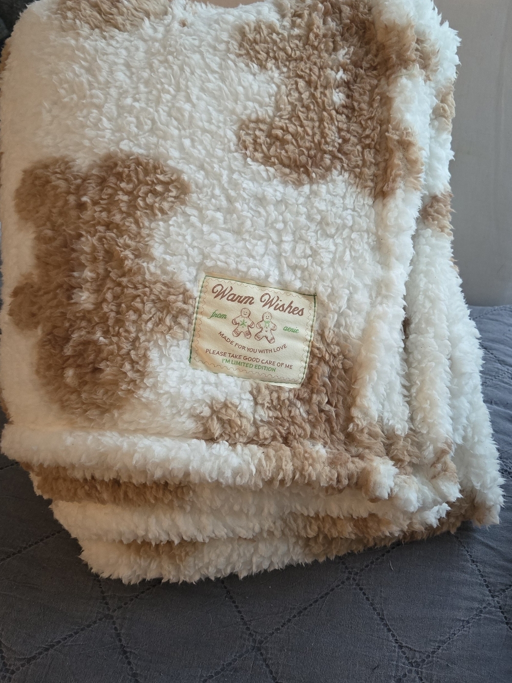 aerie Plush Limited Editon Gingerbread Sherpa Throw - Cream & Light Brown Accent